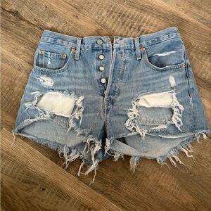 Levi's Blue Distressed Jean Shorts with Frayed Hem